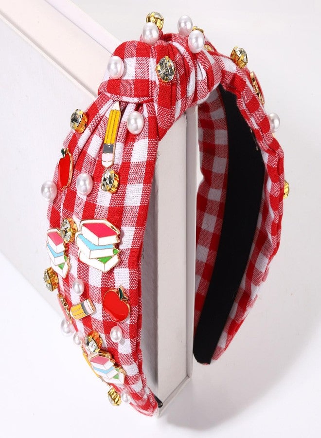 HZEYN Teacher Headband - Red Plaid Pearl Crystal Jeweled Knotted Headband for Women Teachers Appreciation Gifts - Image 5