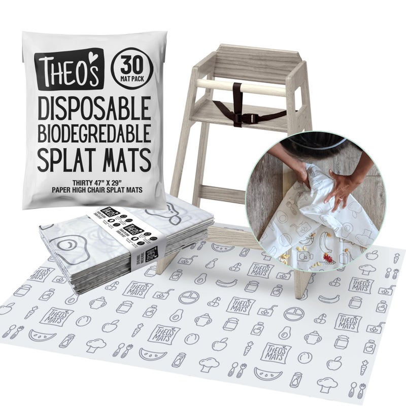 THEO'S 30 Pack  Disposable Splat Mats  Biodegradable  Compostable  THEOS MATS  Under Highchair Splat Mat for Floor  Baby Led Weaning Supplies  THEO001