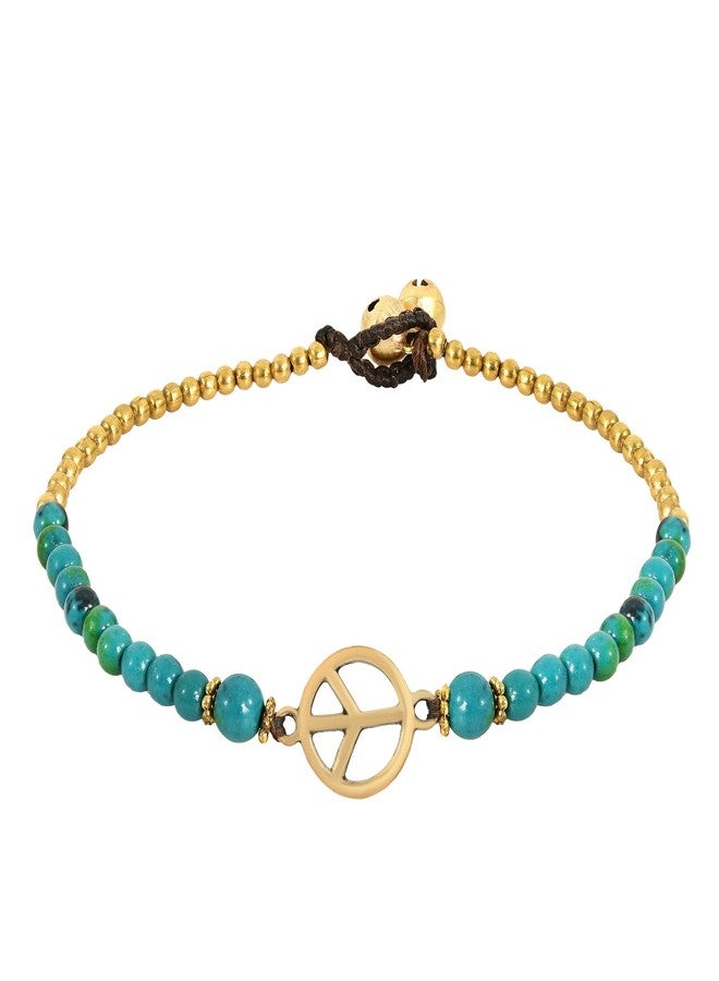 AeraVida Vintage Peace Sign Anklet with Green Malachite and Brass Beads Handmade 9.5 Inch Cotton Wax Rope Jingle Bell Ankle Bracelet for Bohemian Music Festival Style Jewelry - Image 1