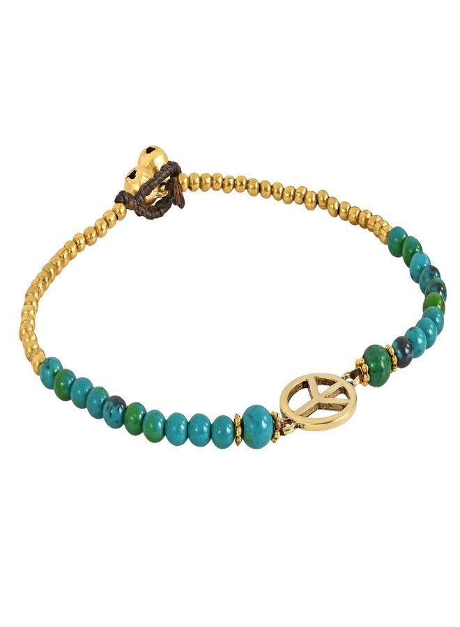 AeraVida Vintage Peace Sign Anklet with Green Malachite and Brass Beads Handmade 9.5 Inch Cotton Wax Rope Jingle Bell Ankle Bracelet for Bohemian Music Festival Style Jewelry - Image 2