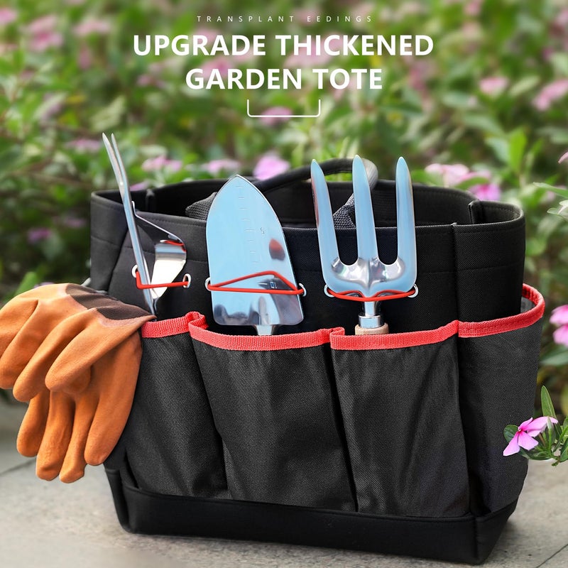 Grenebo Garden Tools 9-Piece Heavy Duty Gardening Hand Tools with Fashion and Durable Garden Tools Organizer Handbag, Rust-Proof Garden Tools Set, Ideal Gardening Gifts for Women (Black Red) - Image 2