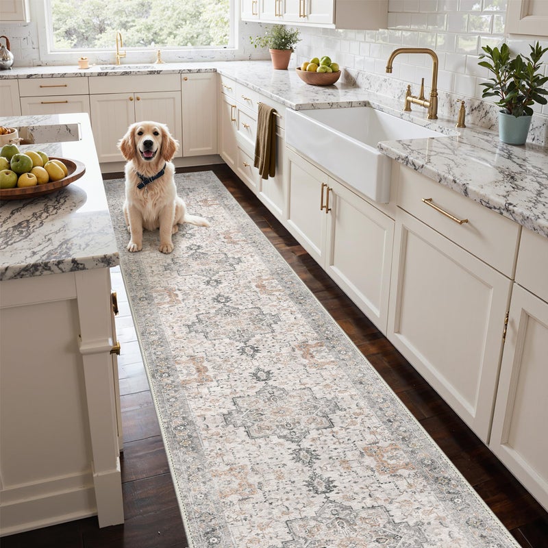 GENIMO Runner Rug 2x12 Non Slip Vintage Hallway Runner Rugs Low Pile Lightweight Machine Washable Mat for Hallway Entryway Bedroom Kitchen and CorridorLight Taupe Brown