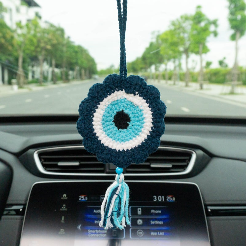 Talataca Evil Eye Crochet Car Ornament Handmade Turkish Blue Eye Rearview Mirror Charm Spiritual Protection Hanging Decor Good Luck Gift Boho Tree Ornament