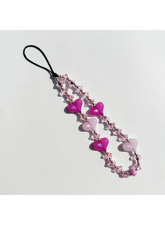 NIBEMINENT Beaded Phone Lanyard, Anti Lost Removable Wrist Strap,Love Heart Lantern Beads Bracelet Pendant, Phone Keychain Lanyard，Pink - Image 1