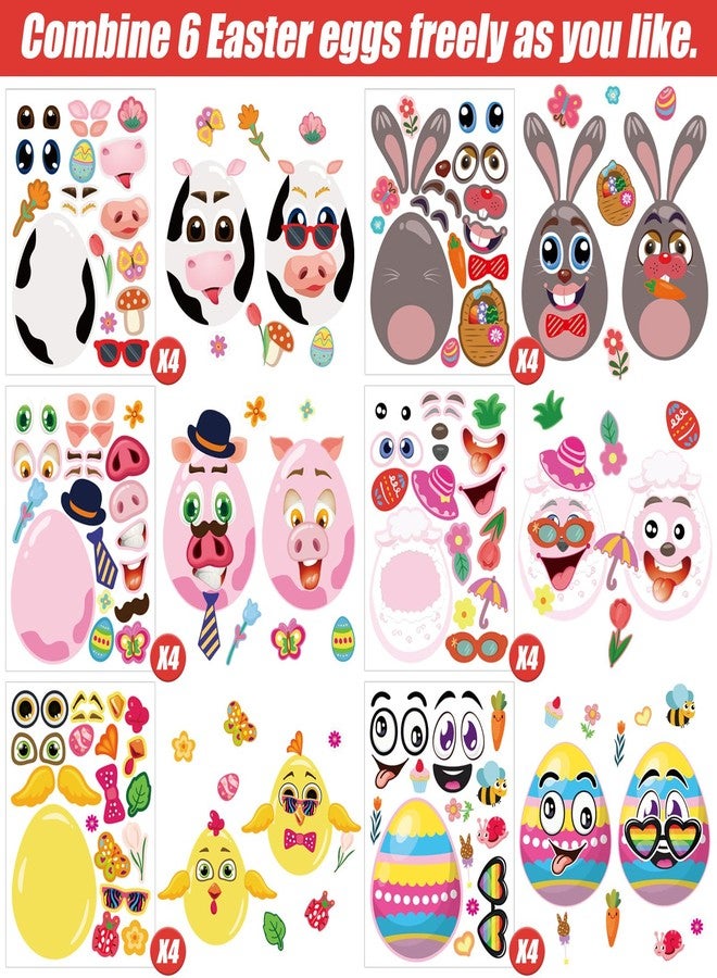 Cosomia 24 Sheets of Easter Stickers for Kids: 6 Unique Colorful Eggs Designs for Easter Basket Stuffers, Decorative Party Favor Activities and Craft Supplies, Make A Face Stickers for Girls and Boys - Image 2