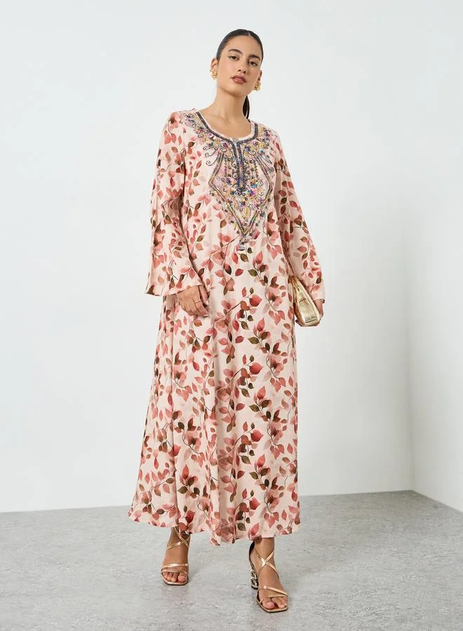 Amirah Floral Printed Embroidered Mukhawar Jalabiya