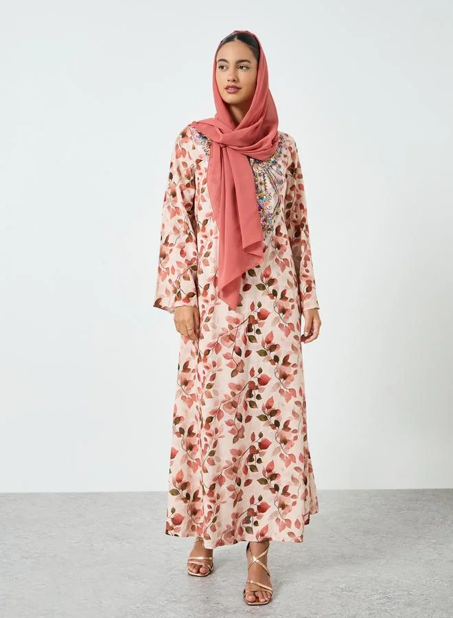 Amirah Floral Printed Embroidered Mukhawar Jalabiya