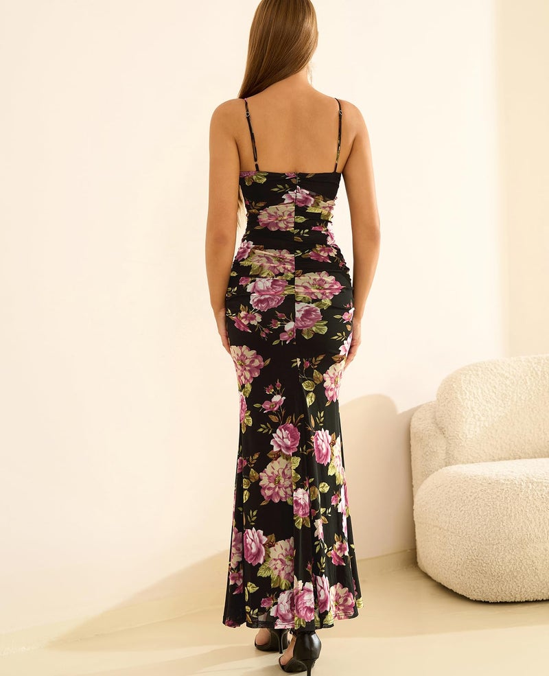 GLNEGE Women's Floral Wedding Guest Formal Maxi Dress Bodycon Spaghetti Strap V Neck Elegant Cocatail Dresses Black - Image 3