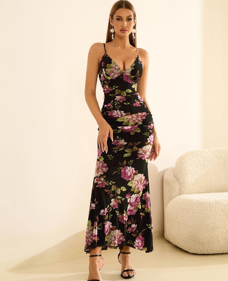 GLNEGE Women's Floral Wedding Guest Formal Maxi Dress Bodycon Spaghetti Strap V Neck Elegant Cocatail Dresses Black - Image 4