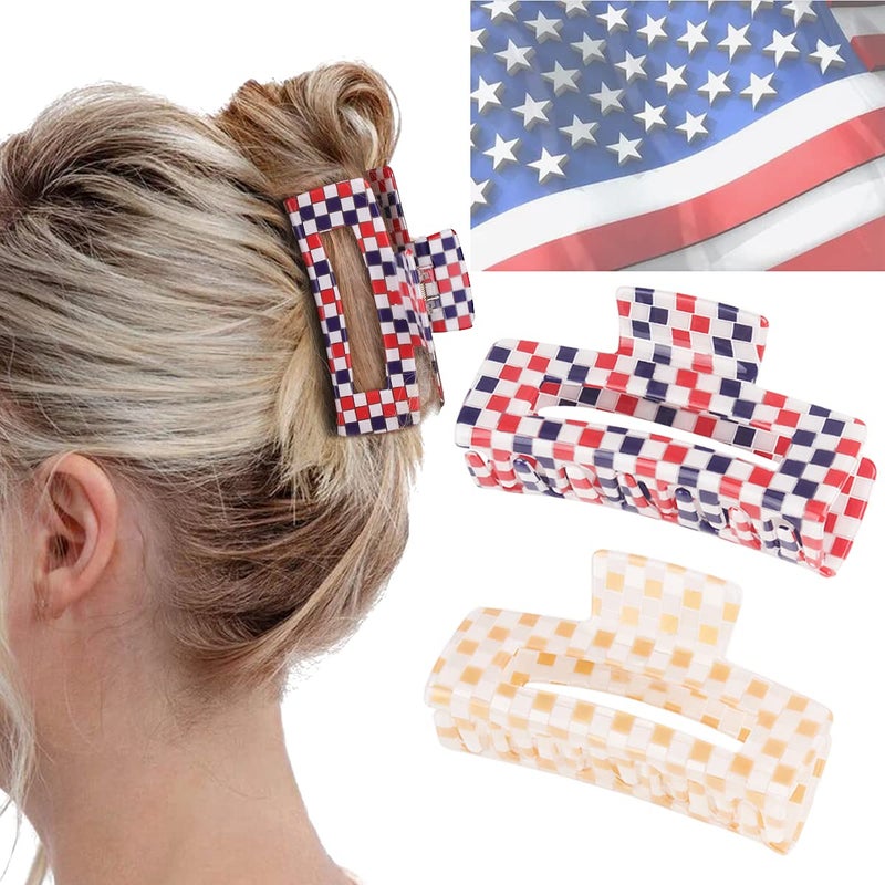 Checkered Claw Clip Large Hair Claw Clips for Thick Hair 2pcs Big Hair Clips for Women Rectangle Claw Clip Y2K Fashion Accessories Gold Red White and Blue 4th of July Decorations