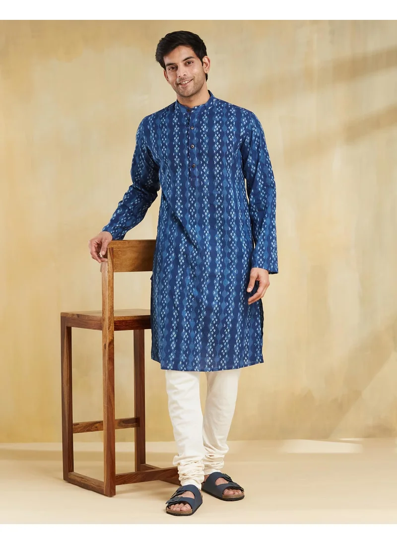 Fabindia Indigo Cotton Dabu Printed Slim Fit Long Kurta