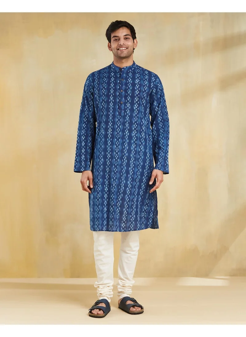 Fabindia Indigo Cotton Dabu Printed Slim Fit Long Kurta