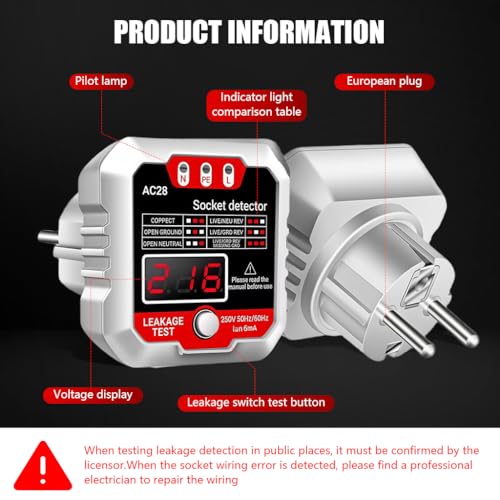 Serplex® Socket Tester, Outlet Tester Receptacle Detector with Voltage LCD Display 250V 50Hz/60Hz Power Socket Checker Automatic Circuit Tester Polarity Voltage Test Wall Plug Electrical Tools-White - Image 4