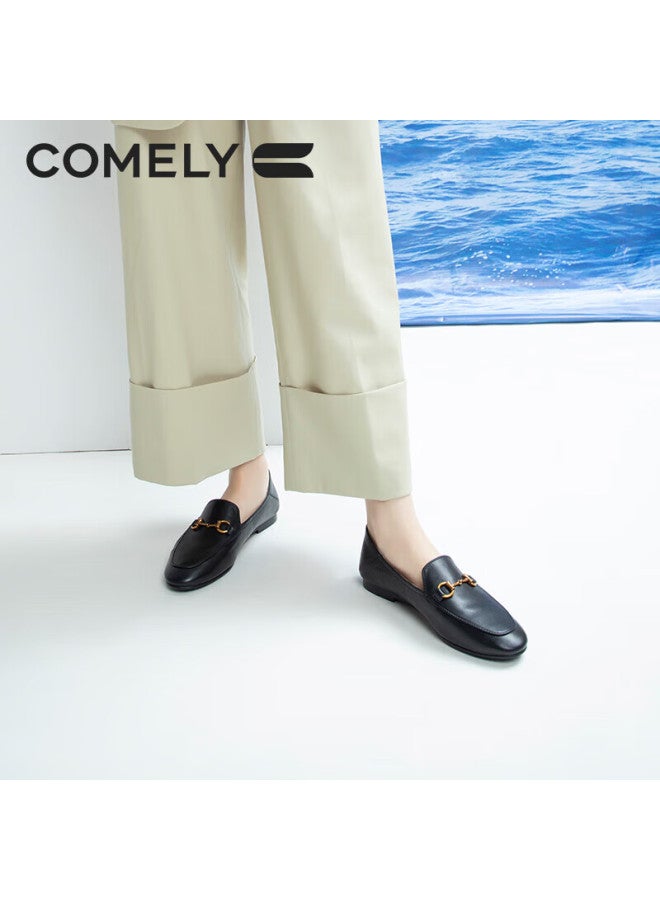 Comely Women's Loafers, Cow/sheepskin Flat Slip-on Shoes, Round Toe Comfortable Commuter Versatile Leather Shoes, Black, Size 38 - Image 5
