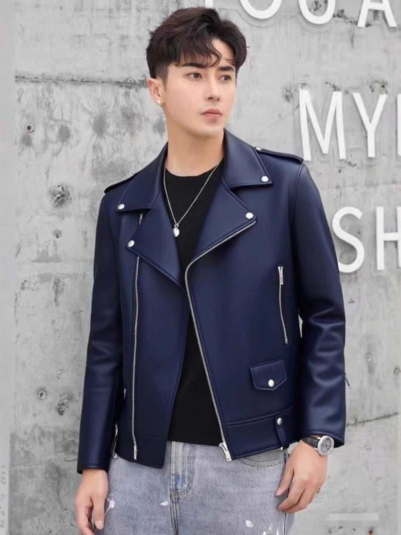 Men'S Casual Pu Leather Jacket Soft Leather Slim Fit Plaid Fashion Coat Leather Baseball Collar Male Jacket Gentleman - Image 5