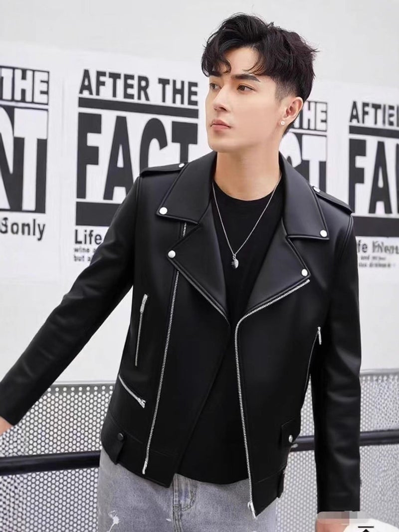 Men'S Casual Pu Leather Jacket Soft Leather Slim Fit Plaid Fashion Coat Leather Baseball Collar Male Jacket Gentleman - Image 3