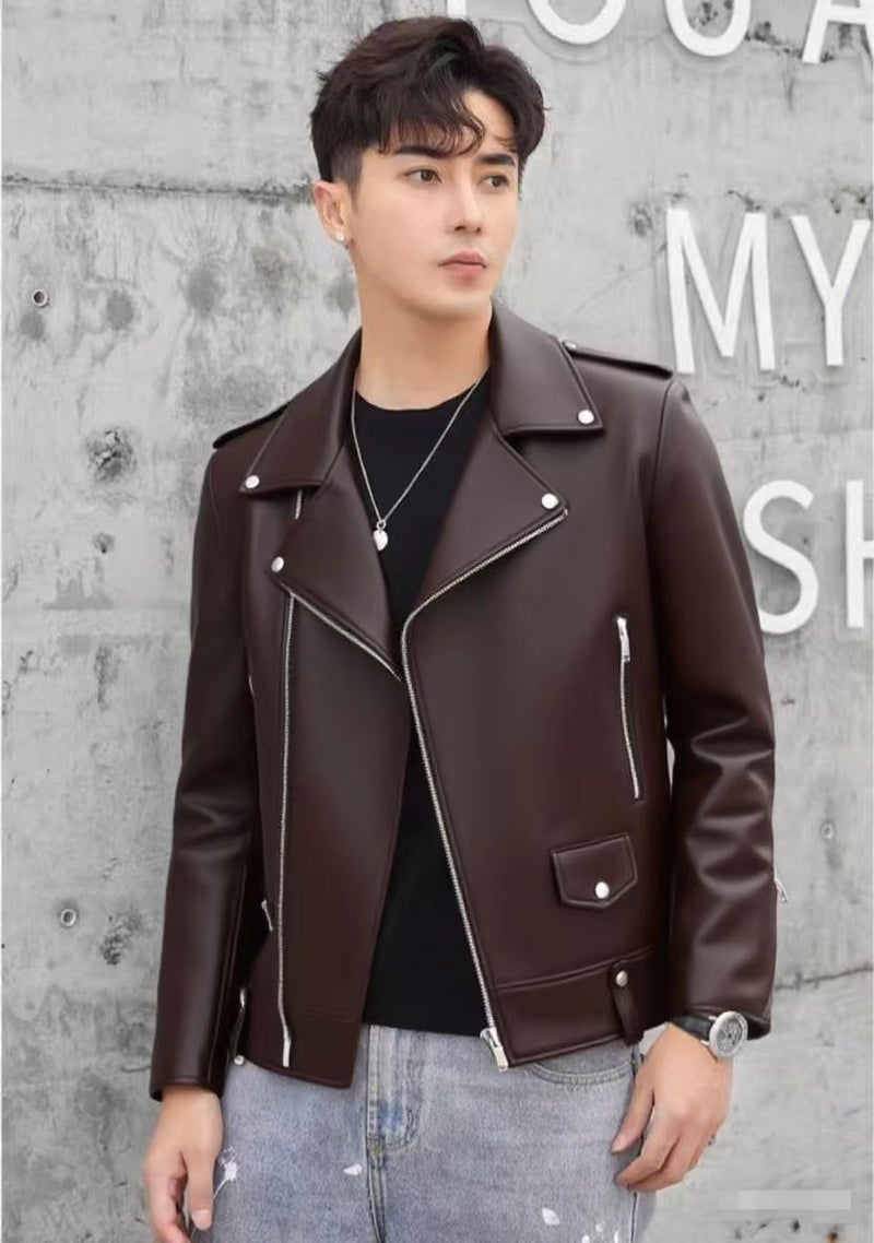 Men'S Casual Pu Leather Jacket Soft Leather Slim Fit Plaid Fashion Coat Leather Baseball Collar Male Jacket Gentleman - Image 1