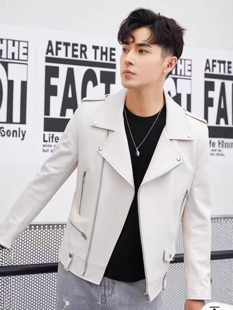 Men'S Casual Pu Leather Jacket Soft Leather Slim Fit Plaid Fashion Coat Leather Baseball Collar Male Jacket Gentleman - Image 4