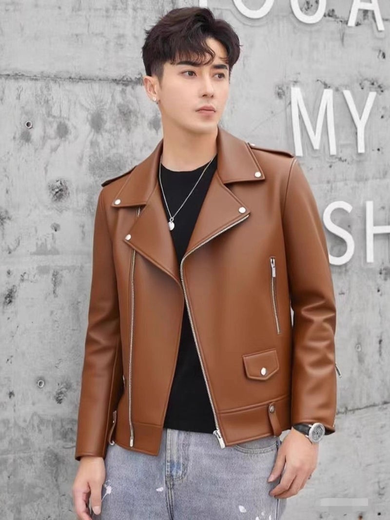 Men'S Casual Pu Leather Jacket Soft Leather Slim Fit Plaid Fashion Coat Leather Baseball Collar Male Jacket Gentleman - Image 2