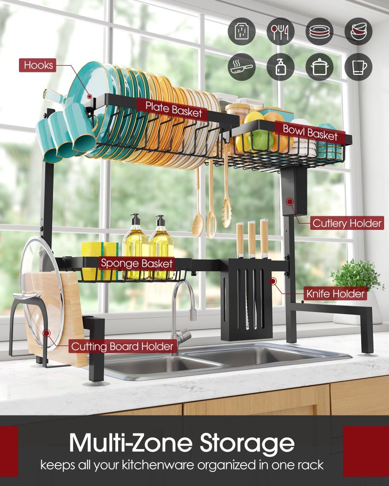 Sakugi Over The Sink Dish Drying Rack - Adjustable 2 Tier Large Capacity Stainless Steel Drainer with Cutlery & Utensil Holders, Kitchen Storage & Organization, 30"-33.9" L x 11" W x 21.5" H, Black - Image 2