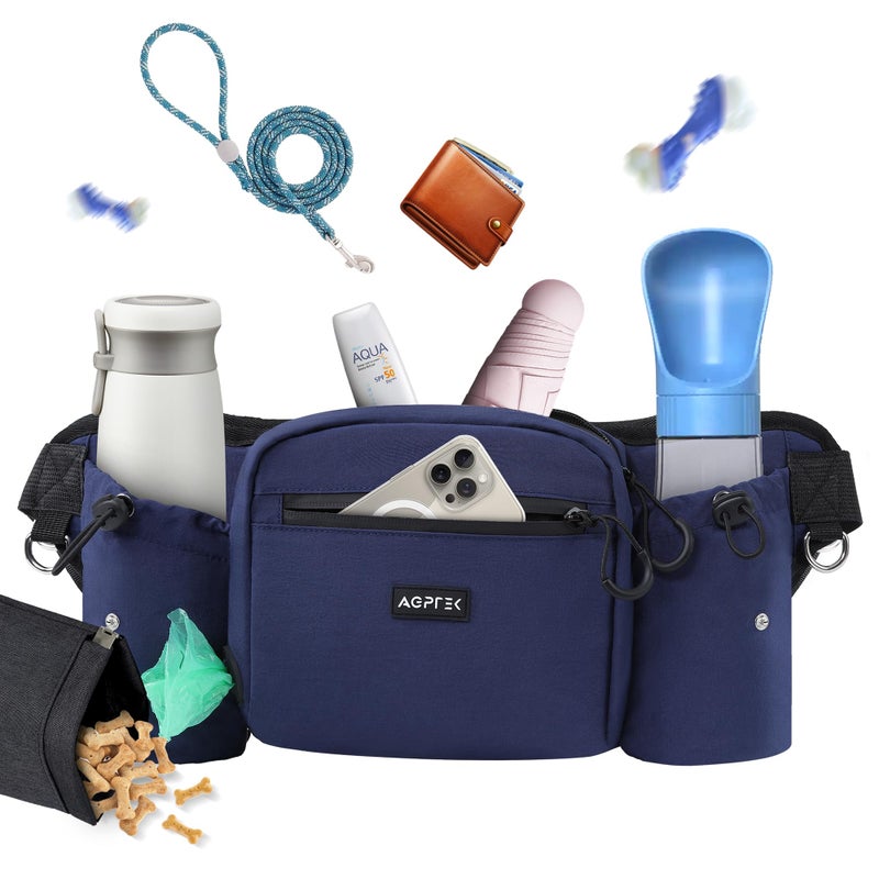 AGPTEK Dog Walking Fanny Pack, Large Capacity Dog Training Treat Pouch, Waist Bag with Removable Snack Pouch, Water Holder, Poop Bag Dispenser, Waterproof Zipper, Adjustable Strap, Dark Blue - Image 1