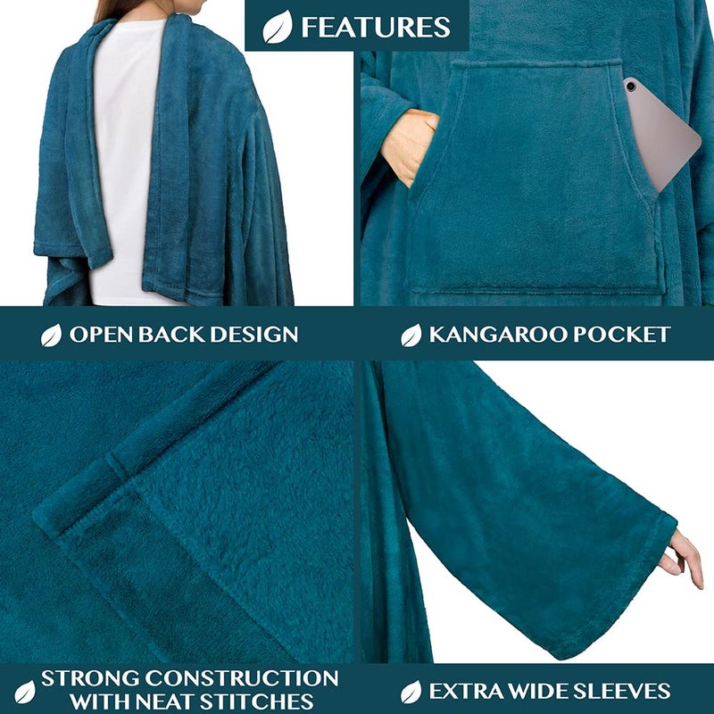 PAVILIA PAVILIA Teal Blue Fleece Wearable Blanket with Sleeves for Adults Women Men  Soft Warm Full Body Wrap Throw  Sweatshirt Pocket  Cozy Pullover Robe Blanket with Arm  Gifts for Christmas Mom Wife  - Image 3
