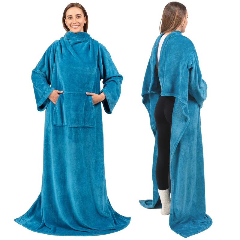 PAVILIA PAVILIA Teal Blue Fleece Wearable Blanket with Sleeves for Adults Women Men  Soft Warm Full Body Wrap Throw  Sweatshirt Pocket  Cozy Pullover Robe Blanket with Arm  Gifts for Christmas Mom Wife  - Image 1