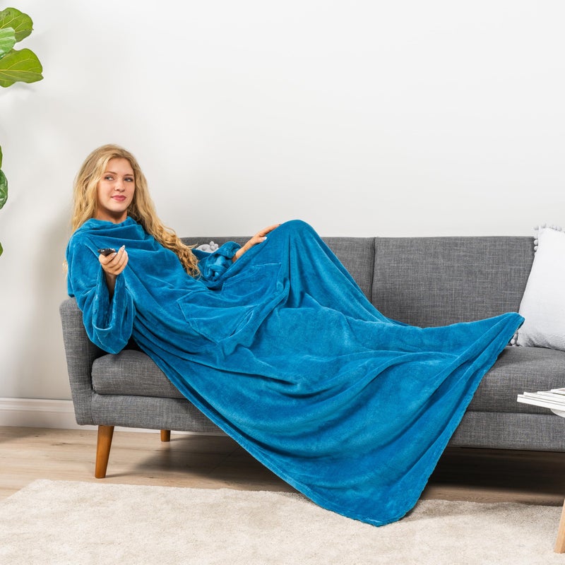 PAVILIA PAVILIA Teal Blue Fleece Wearable Blanket with Sleeves for Adults Women Men  Soft Warm Full Body Wrap Throw  Sweatshirt Pocket  Cozy Pullover Robe Blanket with Arm  Gifts for Christmas Mom Wife  - Image 5
