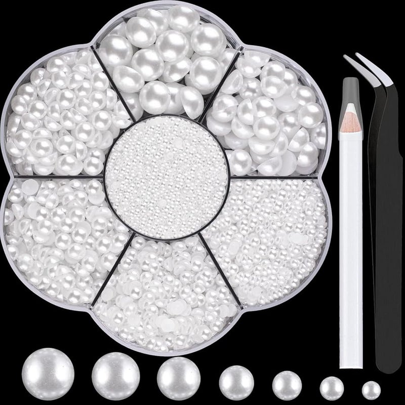 بيلي بوست BELLEBOOST Nail Art Flat Back Half Round Pearl Kits 3, 1 Box of 6000 Pcs Flat-Back White Pearl with Tweezer and Picker Pencil for Home DIY Nails Body Face Craft and Salon Use - Image 1