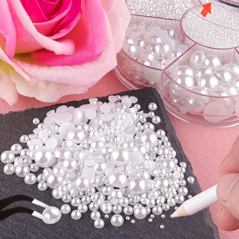 بيلي بوست BELLEBOOST Nail Art Flat Back Half Round Pearl Kits 3, 1 Box of 6000 Pcs Flat-Back White Pearl with Tweezer and Picker Pencil for Home DIY Nails Body Face Craft and Salon Use - Image 2