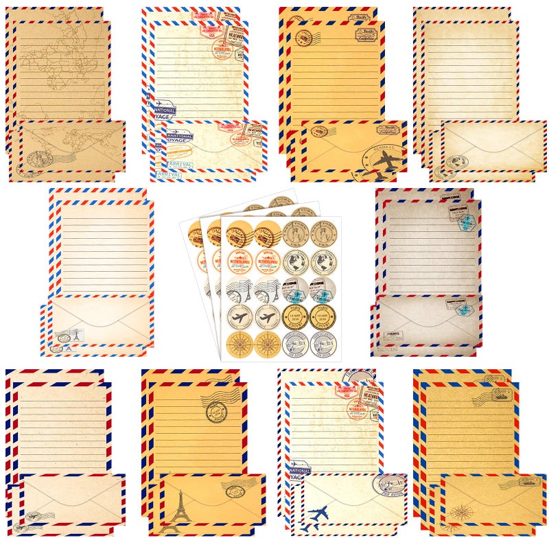 TaoBary 160 Pcs Stationery Paper Set 50 Double Sided Stationery Papers with 50 Matching Envelopes and 60 Round Dot Sticker, 10 Design(Vintage Travel,8.5 x 11 Inch) - Image 1