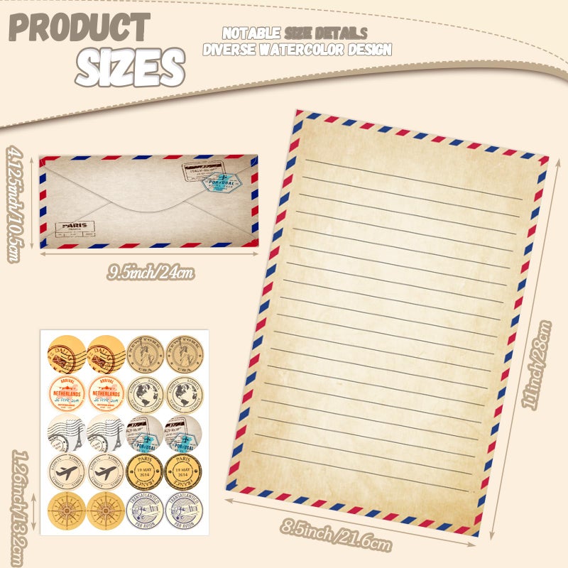 TaoBary 160 Pcs Stationery Paper Set 50 Double Sided Stationery Papers with 50 Matching Envelopes and 60 Round Dot Sticker, 10 Design(Vintage Travel,8.5 x 11 Inch) - Image 4