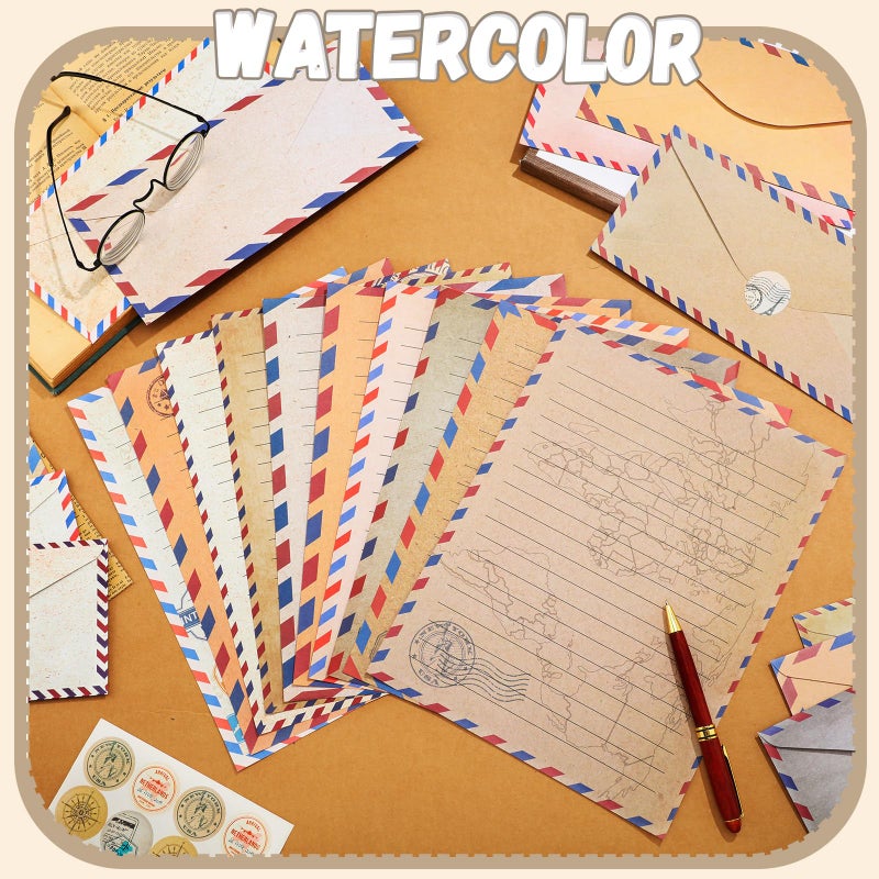TaoBary 160 Pcs Stationery Paper Set 50 Double Sided Stationery Papers with 50 Matching Envelopes and 60 Round Dot Sticker, 10 Design(Vintage Travel,8.5 x 11 Inch) - Image 2