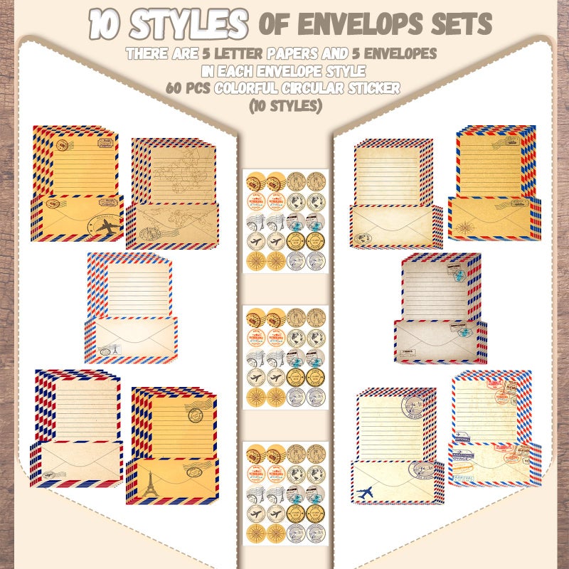 TaoBary 160 Pcs Stationery Paper Set 50 Double Sided Stationery Papers with 50 Matching Envelopes and 60 Round Dot Sticker, 10 Design(Vintage Travel,8.5 x 11 Inch) - Image 5