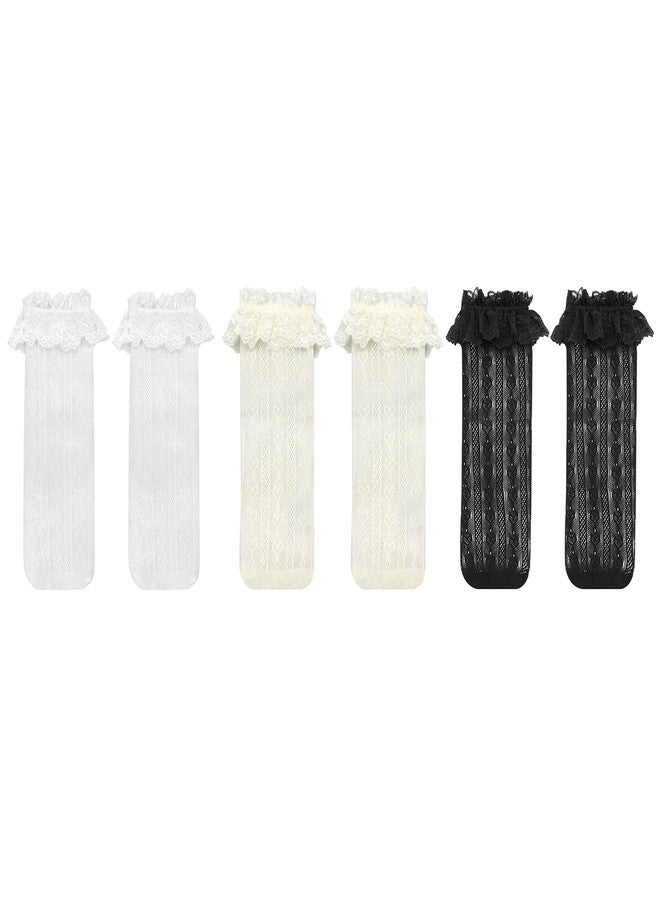 جوارب Littleforbig ذات الكشكشة والدانتيل بنقشة قلوب، 3 أزواج - أسود وأبيض وبيج