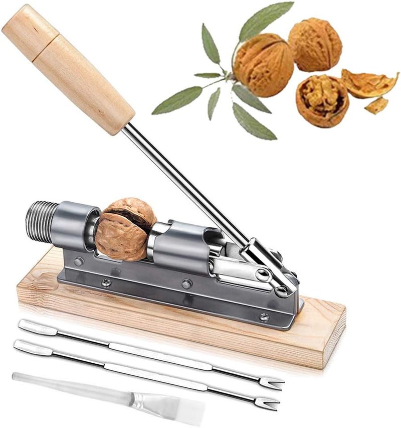 EGETOTA Nutcracker Heavy Duty Pecan Walnut Cracker Plier Opener Tool for Easy Cracking Nuts Hazelnuts Almonds Chestnut Desktop Wood Base with Handle & 2 Picks & 1 Cleaning Brush - Image 1