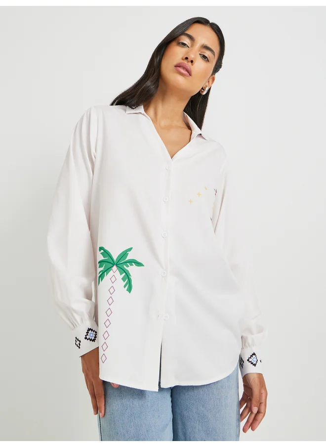 Take Two Take Two Graphic Print Spread Collar Oversized Shirt
