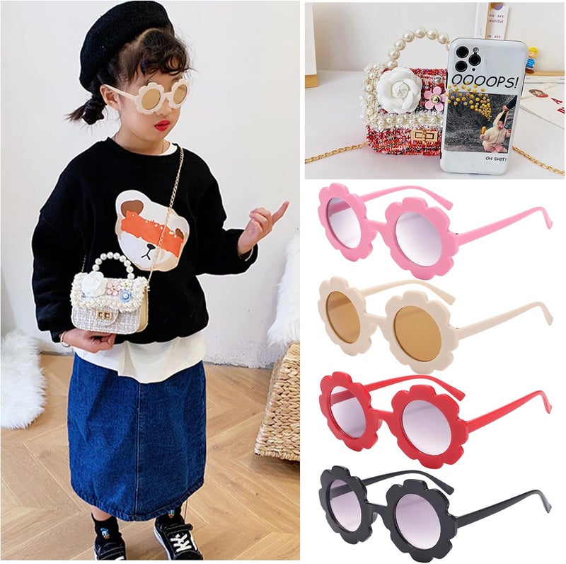 Forwe Store حقيبة كتف صغيرة للفتيات الصغيرات مزينة بزهور اللؤلؤ، حقائب أميرة صغيرة لطيفة بحزام كتف - Image 4