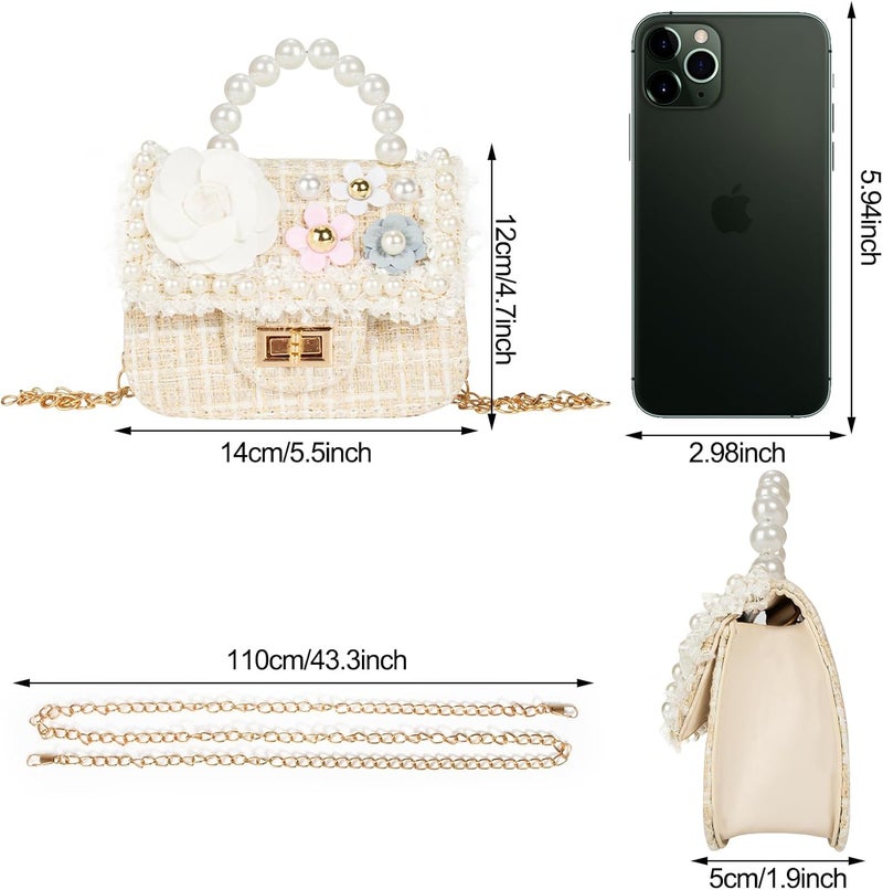 Forwe Store حقيبة كتف صغيرة للفتيات الصغيرات مزينة بزهور اللؤلؤ، حقائب أميرة صغيرة لطيفة بحزام كتف - Image 3