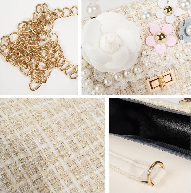 Forwe Store حقيبة كتف صغيرة للفتيات الصغيرات مزينة بزهور اللؤلؤ، حقائب أميرة صغيرة لطيفة بحزام كتف - Image 5