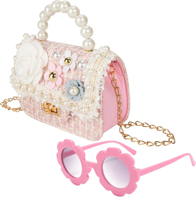 Forwe Store حقيبة كتف صغيرة للفتيات الصغيرات مزينة بزهور اللؤلؤ، حقائب أميرة صغيرة لطيفة بحزام كتف - Image 1
