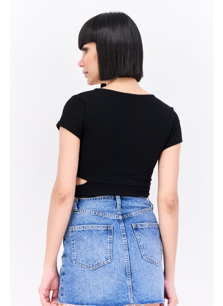Bershka Women V Neck Short Sleeve Textured Top, Black  - Image 2