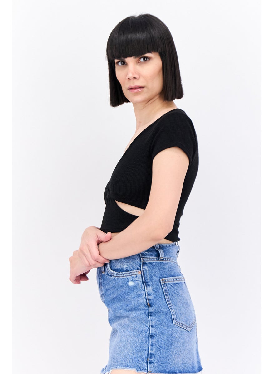 Bershka Women V Neck Short Sleeve Textured Top, Black  - Image 3