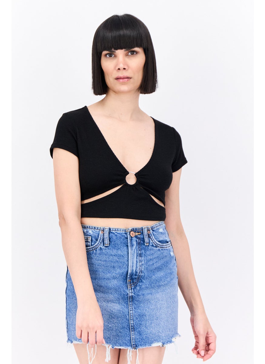 Bershka Women V Neck Short Sleeve Textured Top, Black  - Image 1