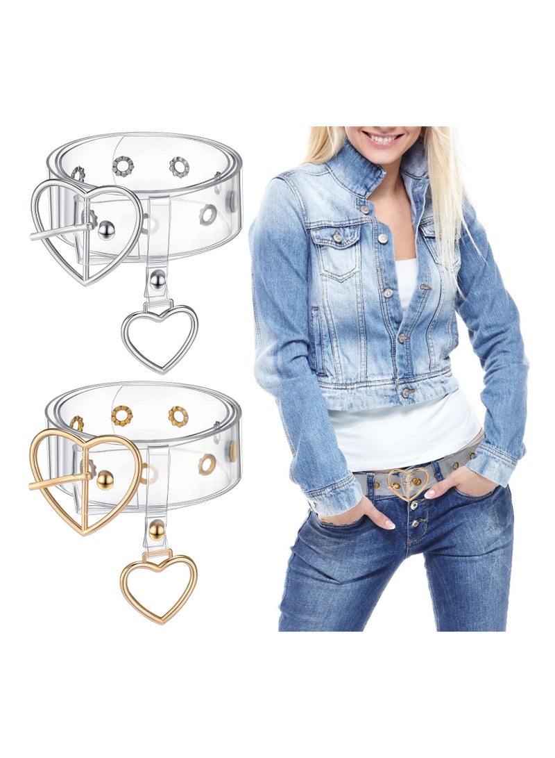 Y&D Heart Belt, 2 PCS Chic Transparent Clear for Women Trendy Buckle Holes Waist Waistband, Aesthetic Wide Plastic Belt Teen Girls Dress Jeans Shorts Pants, Silver and Gold - Image 1