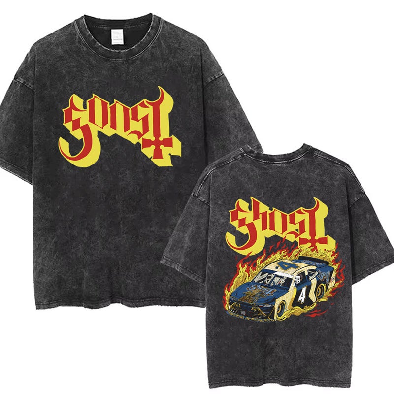 T-Shirt T-Shirt Band Station Gothic Comfortable Washed Men And Women Loose Ghost 2025 Independent Retro New Style - Image 1