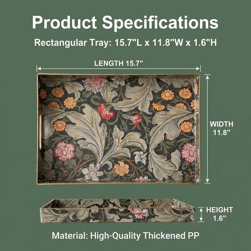 Simmer Stone Vintage William Morris-style Serving Tray with Handles - 15.7" x 11.8" Floral Pattern Decorative Platter for Coffee Table, Ottoman & Breakfast in Bed - Sturdy Plastic Rectangular Tray - Image 2