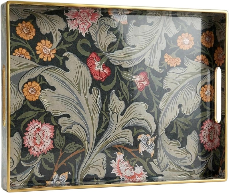 Simmer Stone Vintage William Morris-style Serving Tray with Handles - 15.7" x 11.8" Floral Pattern Decorative Platter for Coffee Table, Ottoman & Breakfast in Bed - Sturdy Plastic Rectangular Tray - Image 1