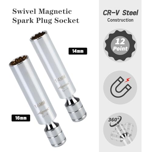 AEROFORCE Professional Tools AEROFORCE 14PCS 3/8-Inch Drive Swivel Magnetic Spark Plug Socket Set with 3/8'' Torque Wrench (5-45 Lb.ft/6.8-61.2 Nm), Universal Joint & Extension Bar - Durable CR-V Steel for Easy Spark Plug Removal - Image 2