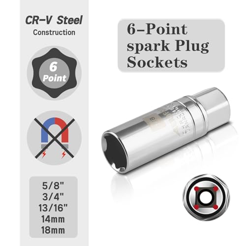 AEROFORCE Professional Tools AEROFORCE 14PCS 3/8-Inch Drive Swivel Magnetic Spark Plug Socket Set with 3/8'' Torque Wrench (5-45 Lb.ft/6.8-61.2 Nm), Universal Joint & Extension Bar - Durable CR-V Steel for Easy Spark Plug Removal - Image 3